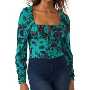 NWT * FREE PEOPLE Hillary Print Keyhole Top in Green Multi